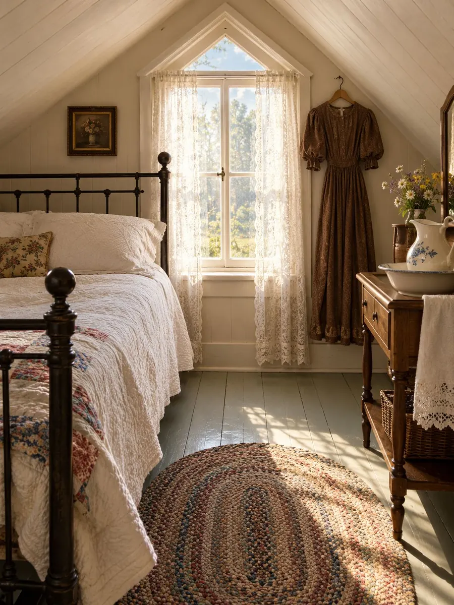 Une chambre sous les pignons avec un lit en fer, une couverture et une robe brune à manches bouffantes accrochée au mur