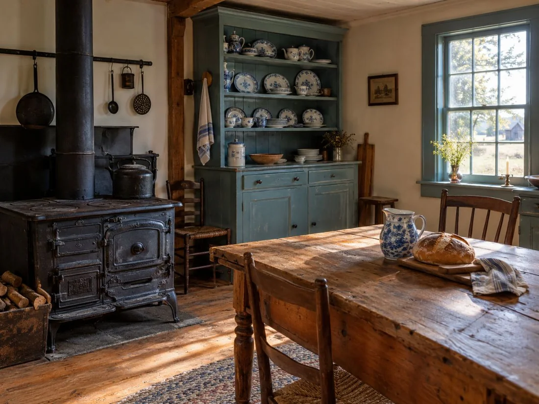 Une cuisine de ferme du XIXe siècle avec un poêle à bois, une table en bois et des placards peints